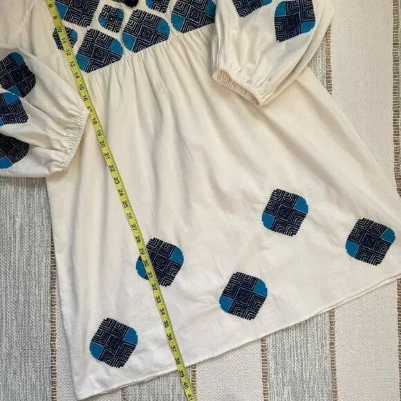 Figue Lucie White Blue Embroidered Pom Pom Long Balloon Sleeves Boho Mini Dress - Picture 8 of 13